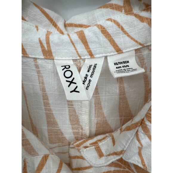 Roxy Palm Print Button Front Short Sleeve Romper Jumpsuit XS Neutral Tan Boho - Picture 4 of 7
